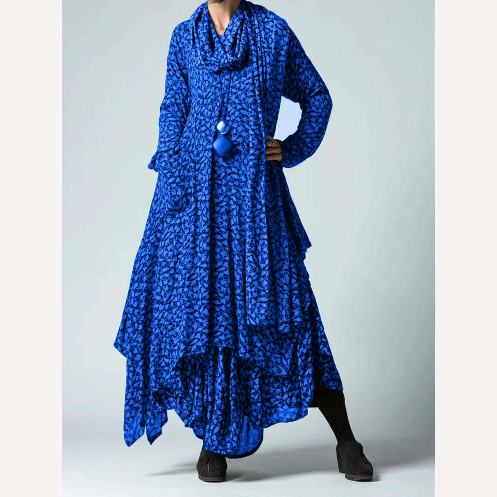 KIMLUD, Women Print Long Sleeve Dresses Bohemia Cowl Neck Irregular Hem Pockets Maxi Dress Loose Long Dress Female Autumn Vestidos, KIMLUD Womens Clothes