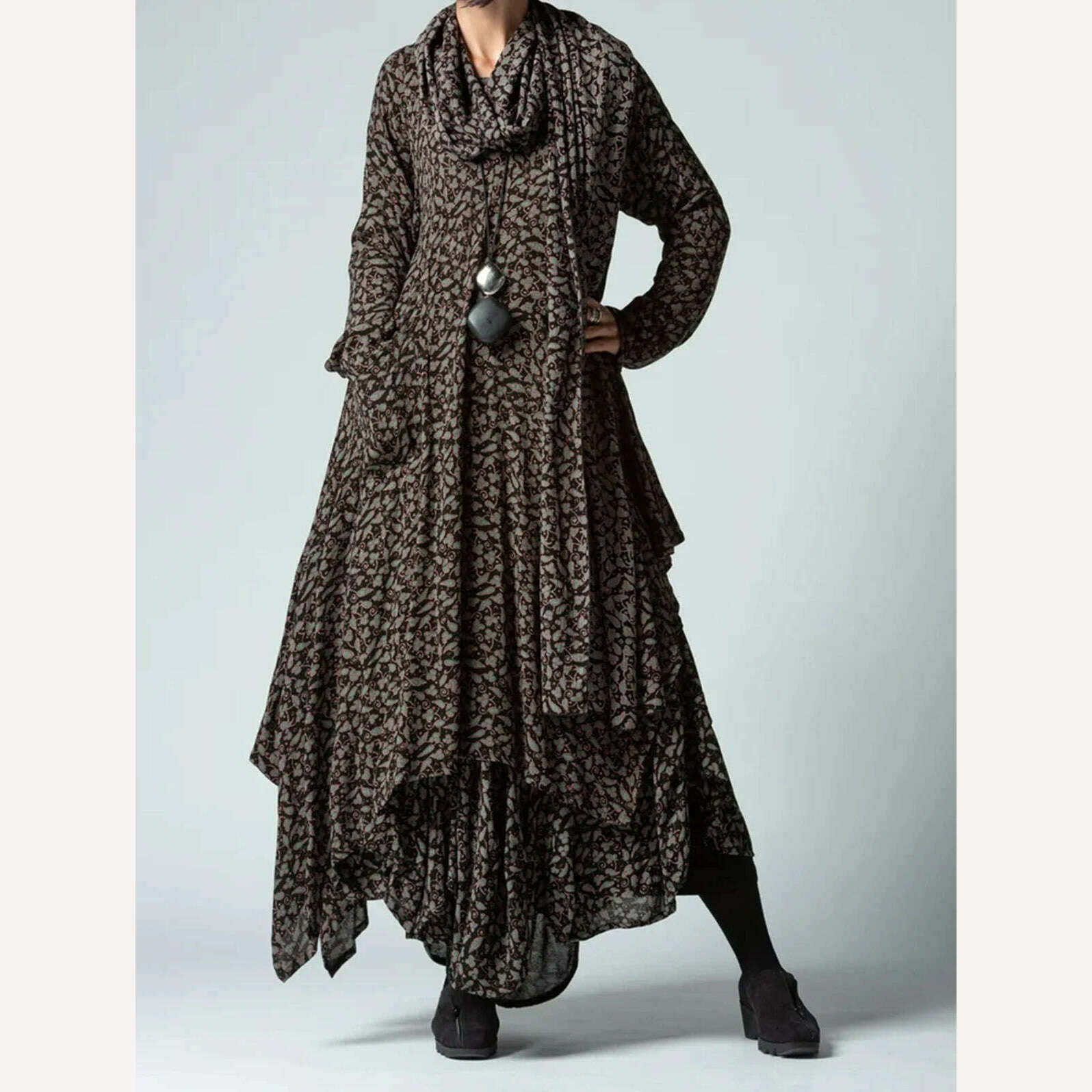 KIMLUD, Women Print Long Sleeve Dresses Bohemia Cowl Neck Irregular Hem Pockets Maxi Dress Loose Long Dress Female Autumn Vestidos, Brown / L, KIMLUD APPAREL - Womens Clothes