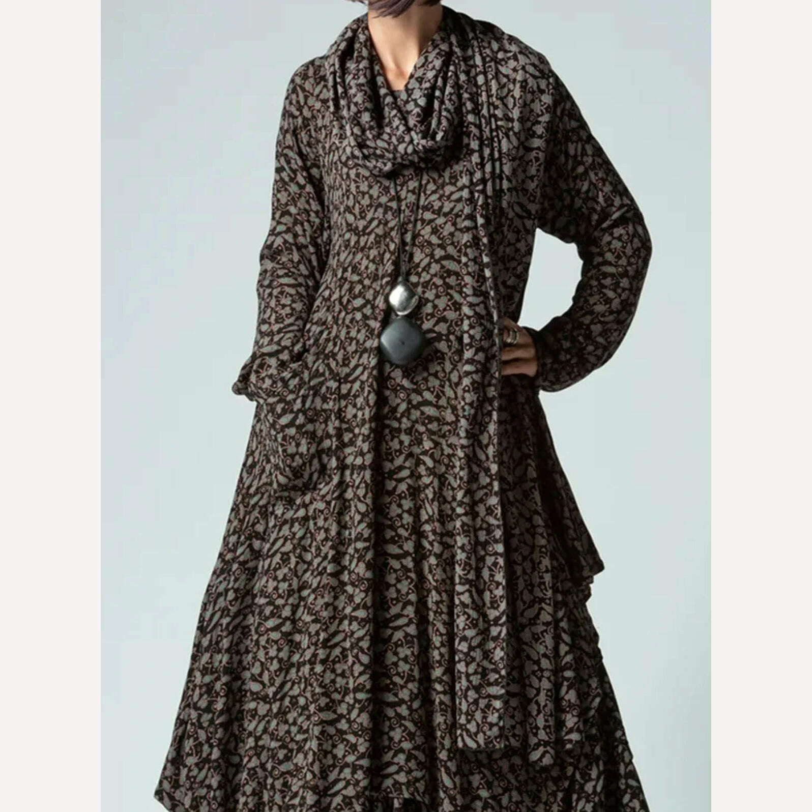 KIMLUD, Women Print Long Sleeve Dresses Bohemia Cowl Neck Irregular Hem Pockets Maxi Dress Loose Long Dress Female Autumn Vestidos, KIMLUD Womens Clothes