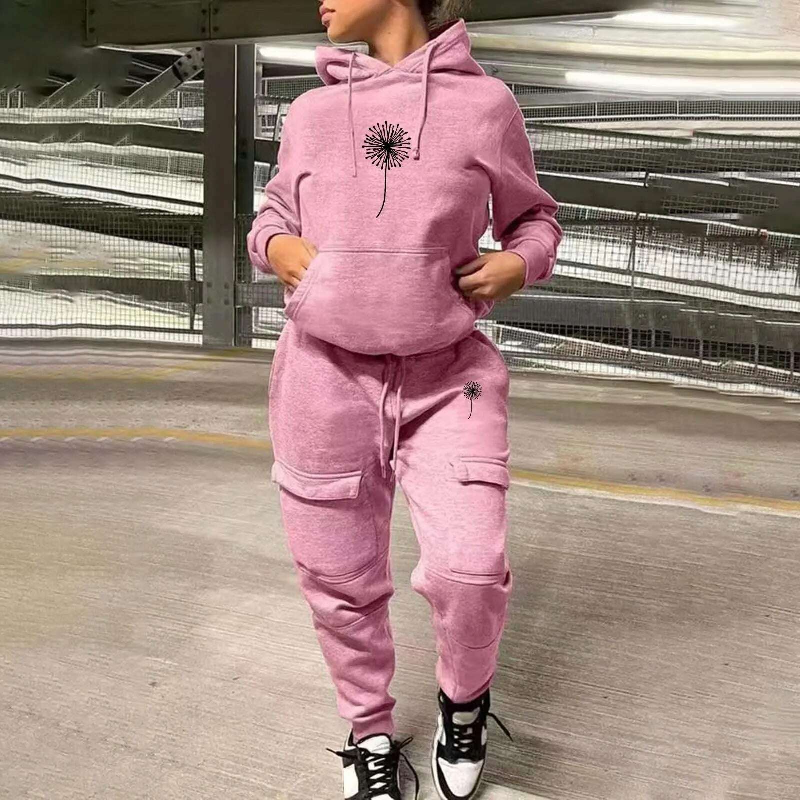 KIMLUD, Women Printed Fashion Casual Sweatshirt Set Two Piece Sports Sweatshirt With Multiple Pockets Pants Female Autumn Streetwear, D-Pink / M / CN, KIMLUD APPAREL - Womens Clothes