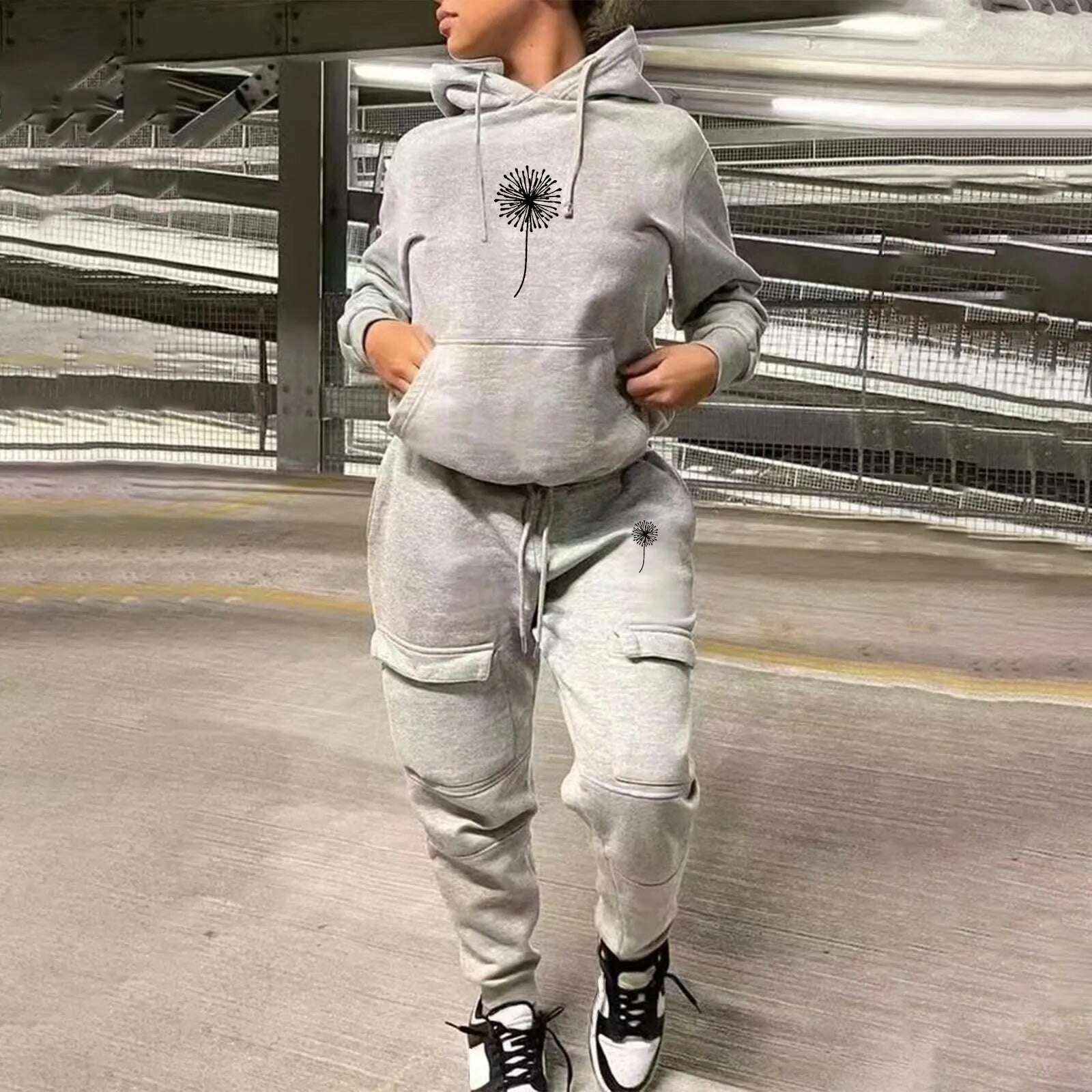 KIMLUD, Women Printed Fashion Casual Sweatshirt Set Two Piece Sports Sweatshirt With Multiple Pockets Pants Female Autumn Streetwear, D-Grey / M / CN, KIMLUD APPAREL - Womens Clothes