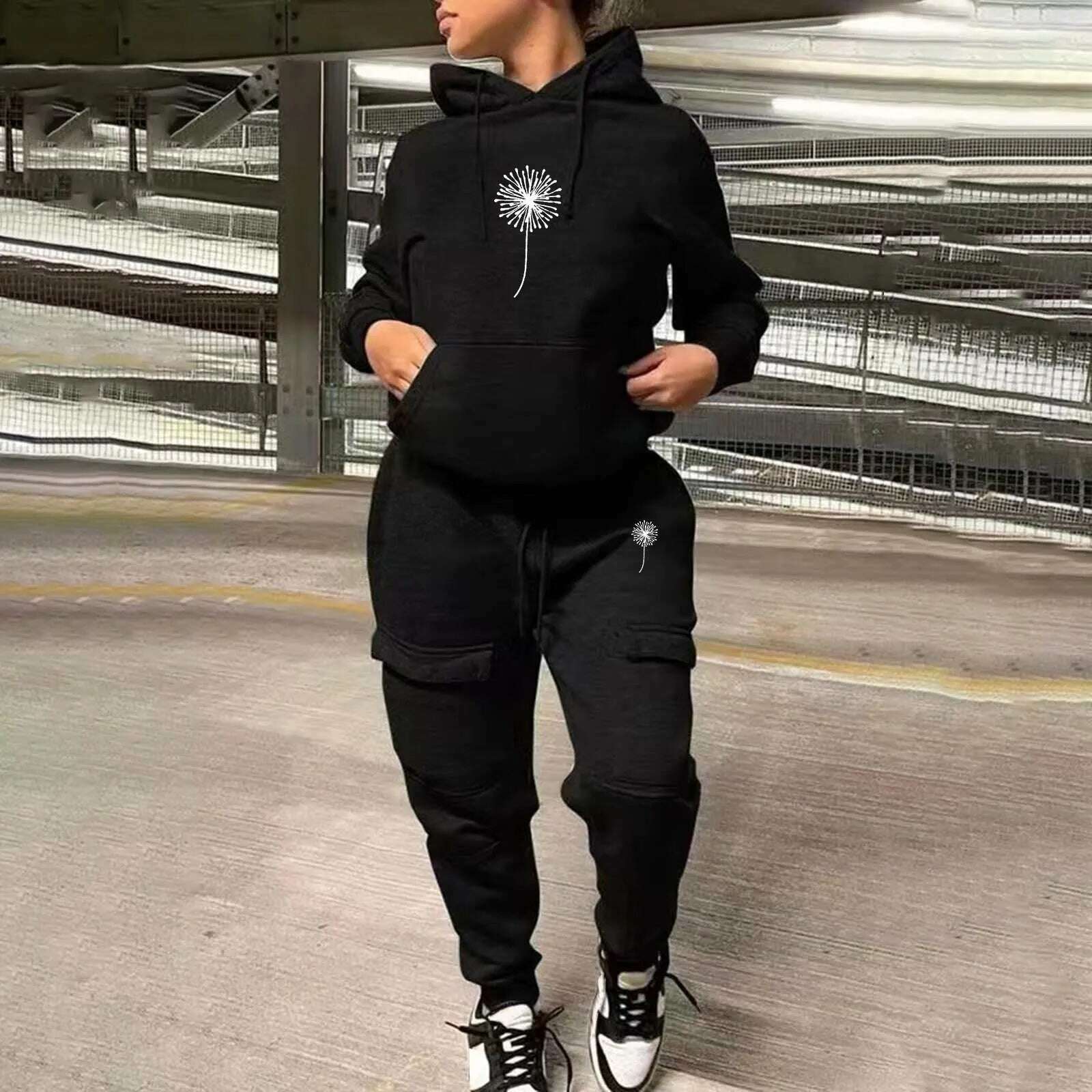 KIMLUD, Women Printed Fashion Casual Sweatshirt Set Two Piece Sports Sweatshirt With Multiple Pockets Pants Female Autumn Streetwear, D-Black / M / CN, KIMLUD APPAREL - Womens Clothes