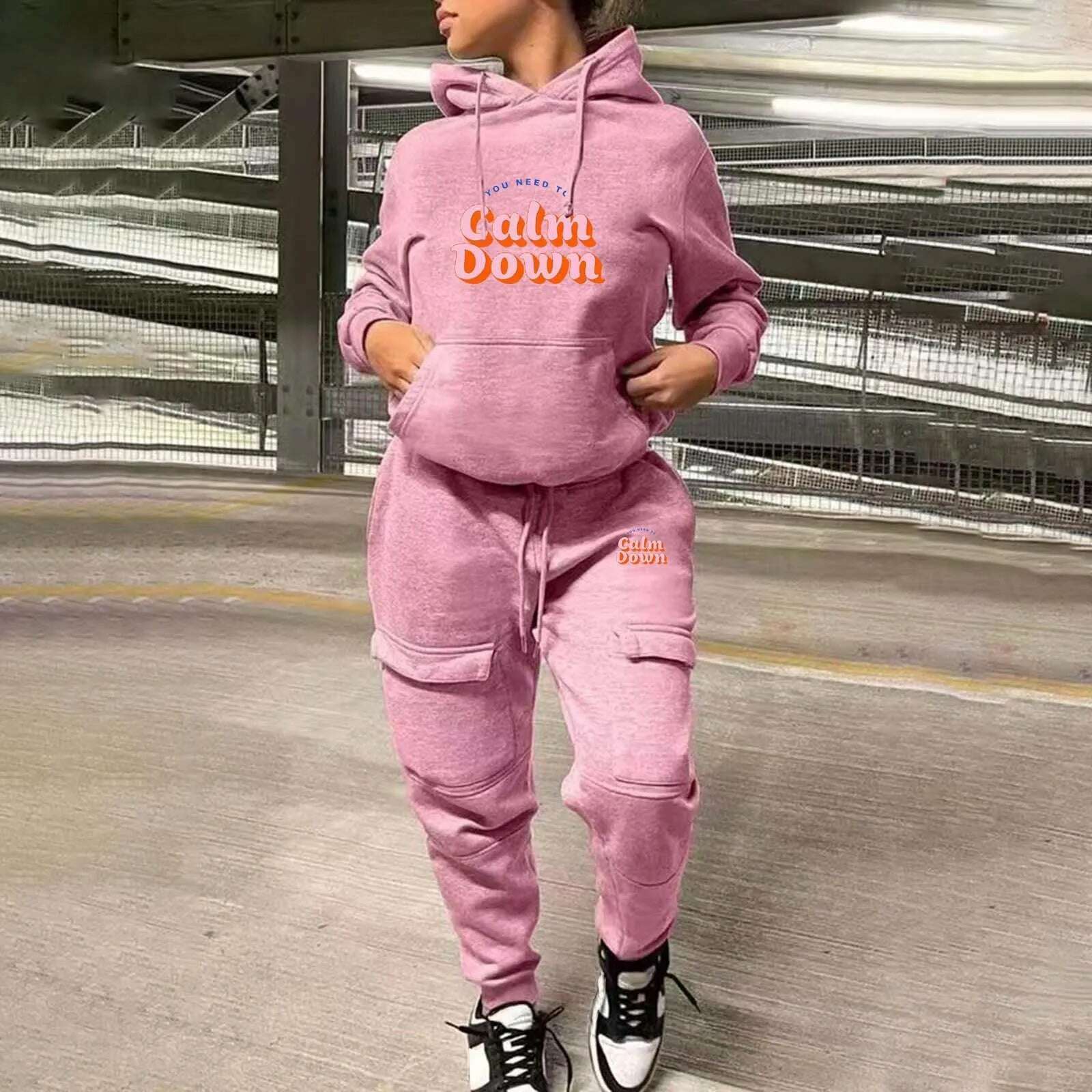 KIMLUD, Women Printed Fashion Casual Sweatshirt Set Two Piece Sports Sweatshirt With Multiple Pockets Pants Female Autumn Streetwear, C-Pink / M / CN, KIMLUD APPAREL - Womens Clothes