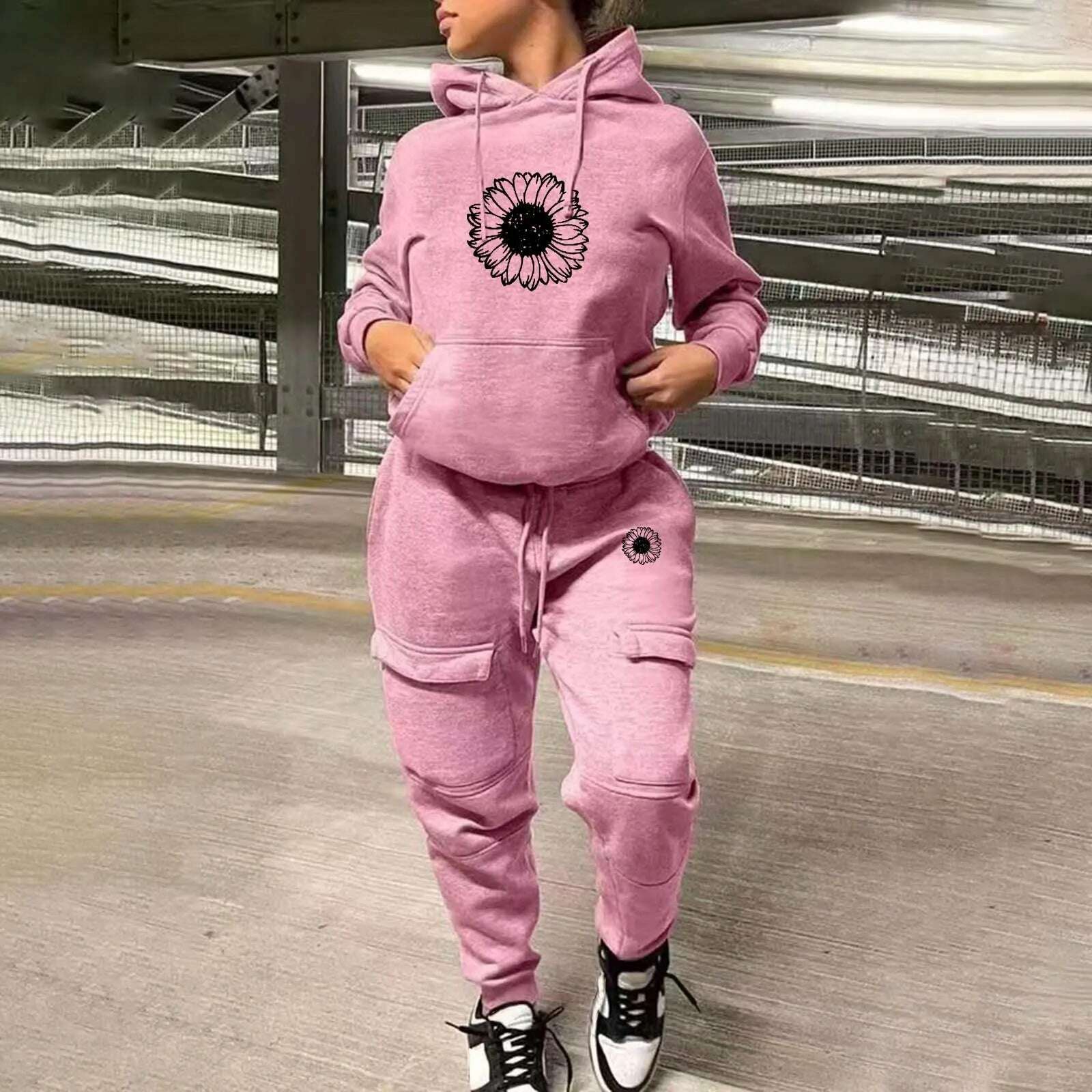KIMLUD, Women Printed Fashion Casual Sweatshirt Set Two Piece Sports Sweatshirt With Multiple Pockets Pants Female Autumn Streetwear, E-Pink / M / CN, KIMLUD APPAREL - Womens Clothes