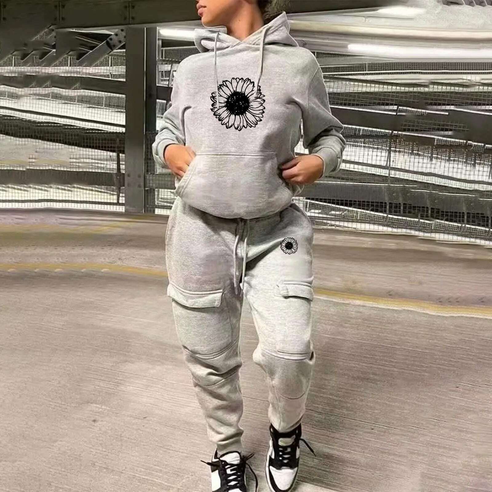 KIMLUD, Women Printed Fashion Casual Sweatshirt Set Two Piece Sports Sweatshirt With Multiple Pockets Pants Female Autumn Streetwear, E-Grey / M / CN, KIMLUD APPAREL - Womens Clothes
