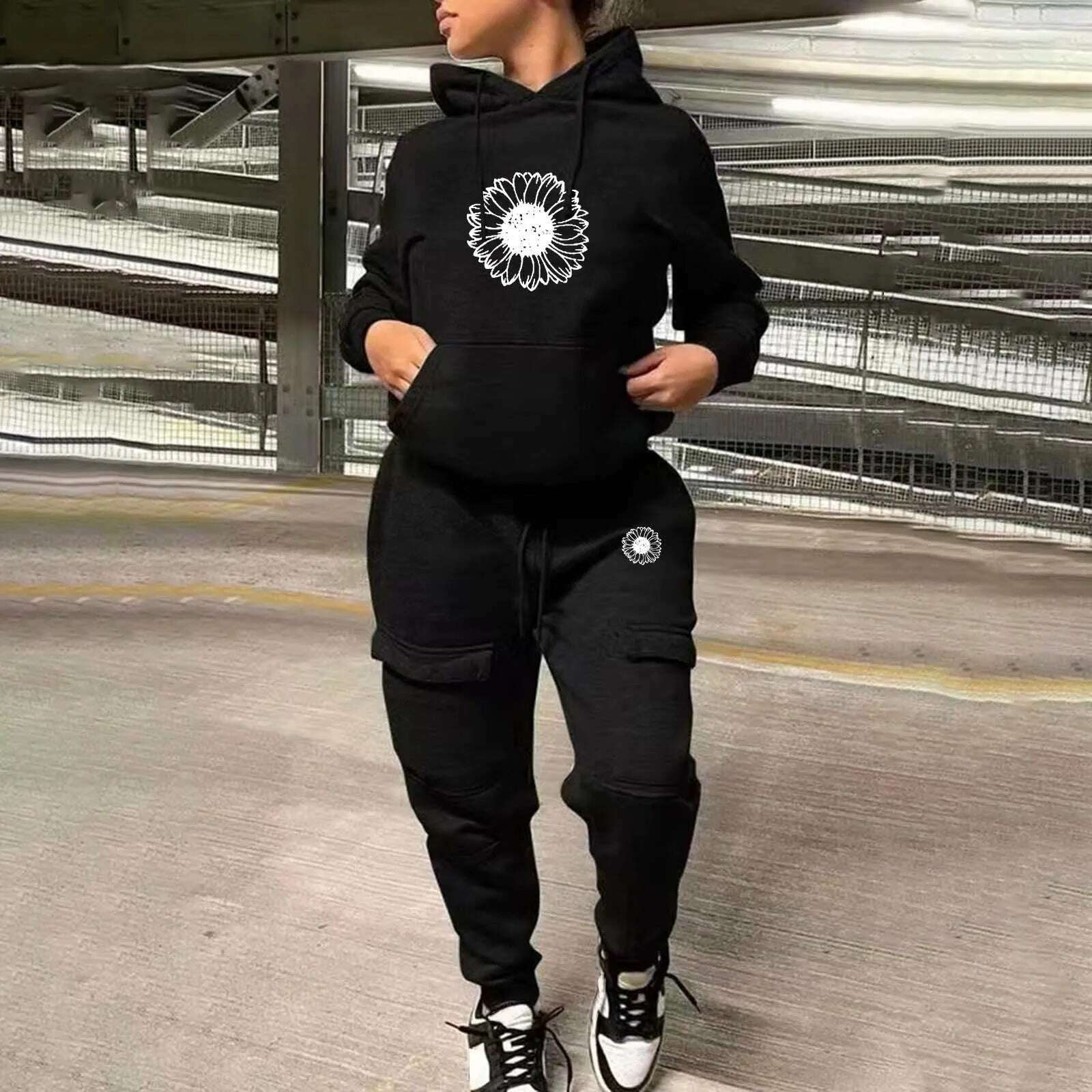 KIMLUD, Women Printed Fashion Casual Sweatshirt Set Two Piece Sports Sweatshirt With Multiple Pockets Pants Female Autumn Streetwear, E-Black / M / CN, KIMLUD APPAREL - Womens Clothes