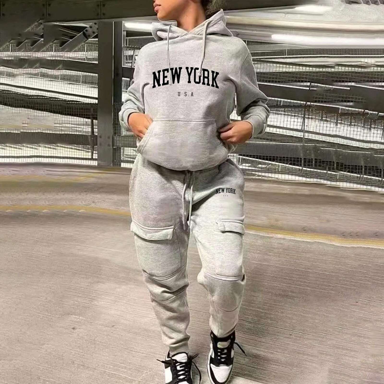 KIMLUD, Women Printed Fashion Casual Sweatshirt Set Two Piece Sports Sweatshirt With Multiple Pockets Pants Female Autumn Streetwear, B-Grey / XL / CN, KIMLUD APPAREL - Womens Clothes