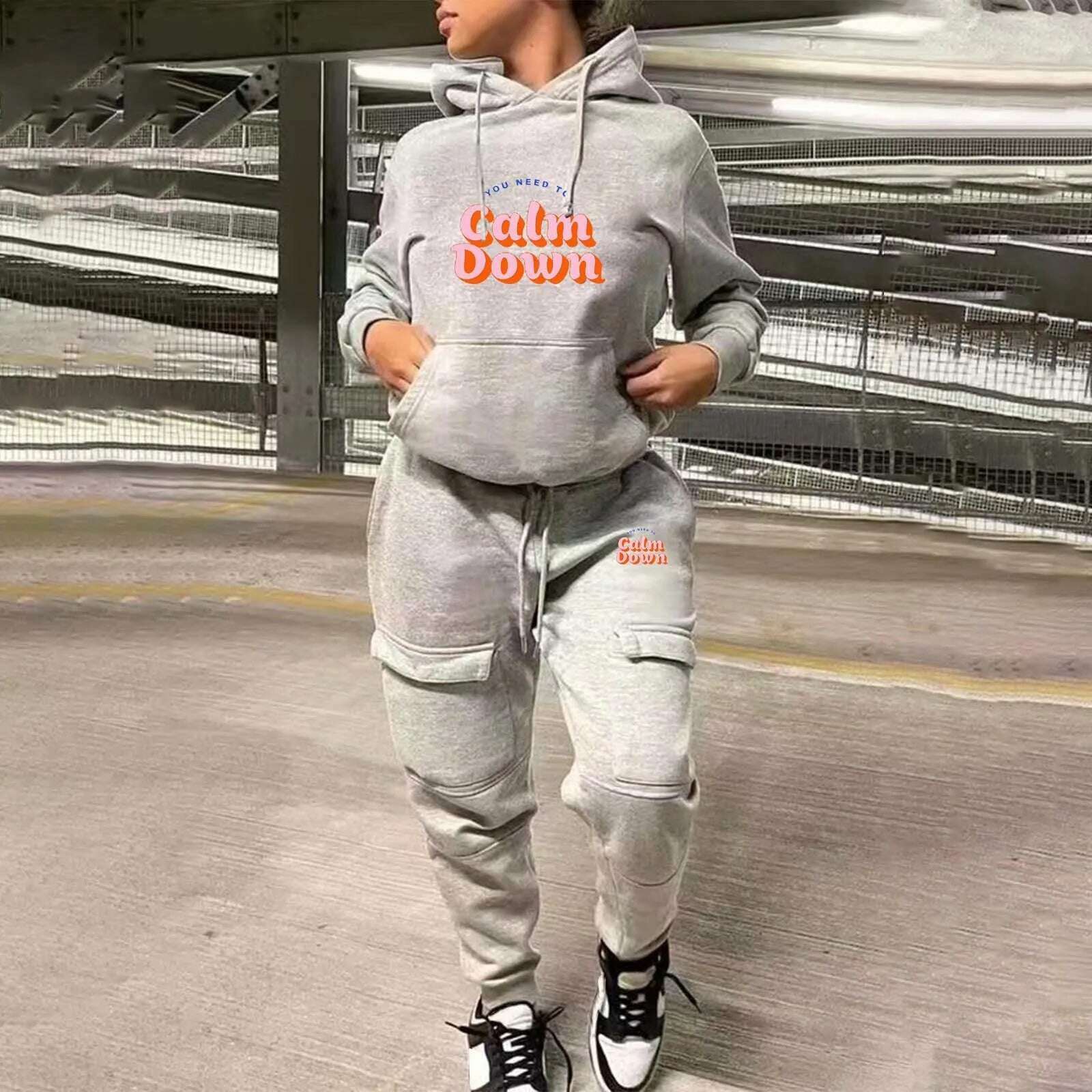 KIMLUD, Women Printed Fashion Casual Sweatshirt Set Two Piece Sports Sweatshirt With Multiple Pockets Pants Female Autumn Streetwear, C-Grey / XXL / CN, KIMLUD APPAREL - Womens Clothes