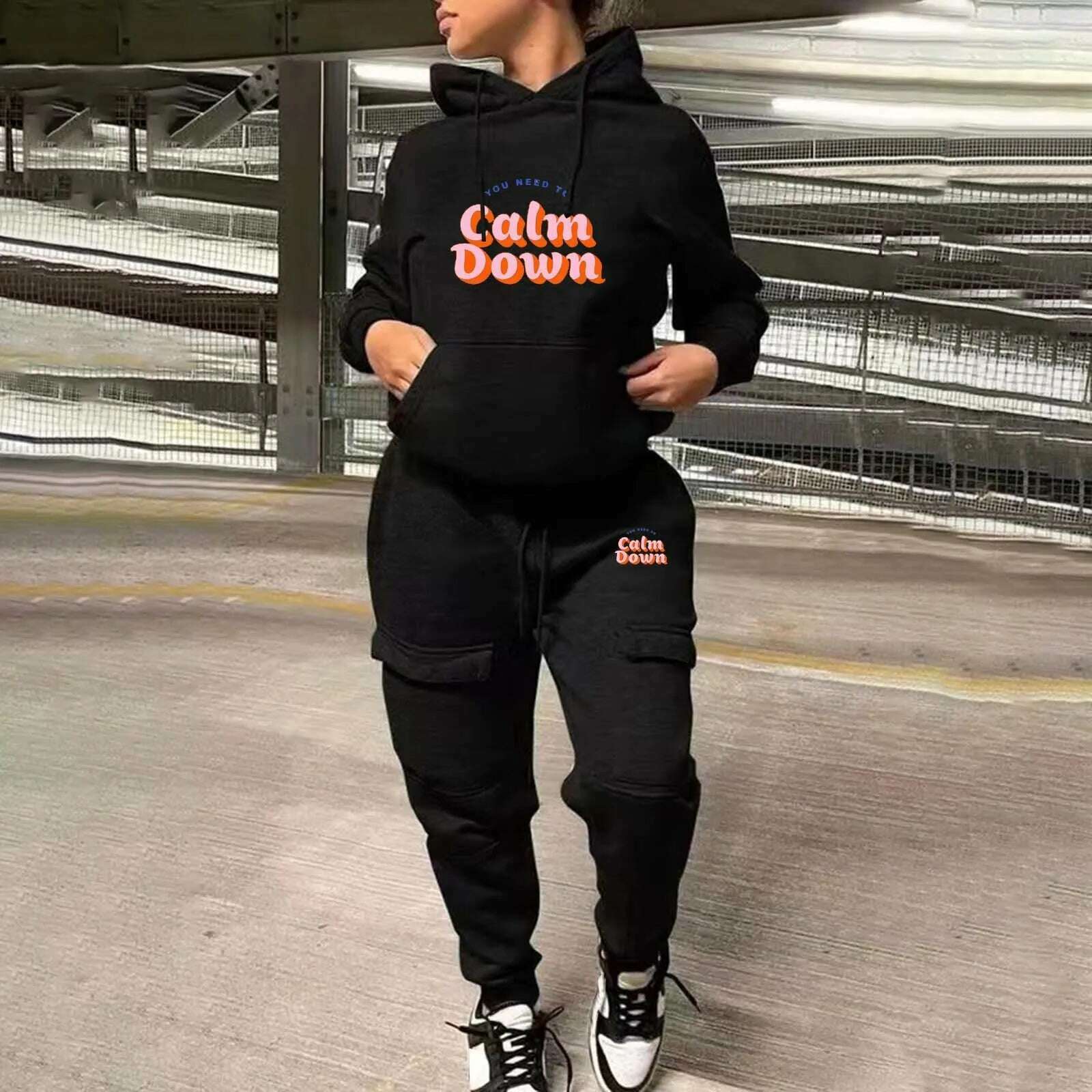 KIMLUD, Women Printed Fashion Casual Sweatshirt Set Two Piece Sports Sweatshirt With Multiple Pockets Pants Female Autumn Streetwear, C-Black / XXL / CN, KIMLUD APPAREL - Womens Clothes