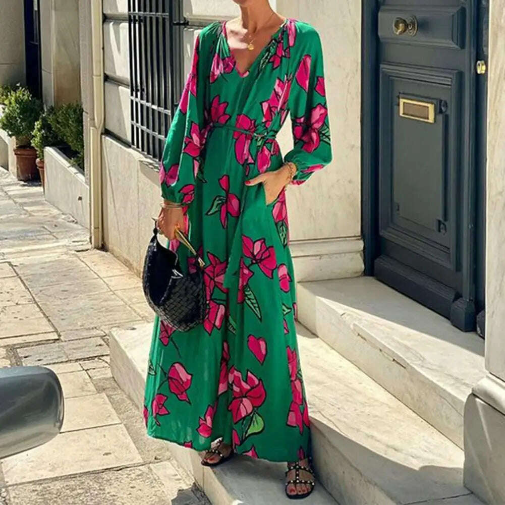 Women Printed V-neck Dress Pleated Long Dress Boho Beach Dress with Deep V Neck Pleated Loose Fit for Summer Vacation Women's Women Printed V-neck Dress Pleated Long Dress Boho Beach Dress with Deep V Neck Pleated Loose Fit for Summer Vacation Women's