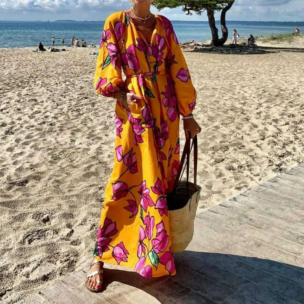 KIMLUD, Women Printed V-neck Dress Pleated Long Dress Boho Beach Dress with Deep V Neck Pleated Loose Fit for Summer Vacation Women's, KIMLUD Womens Clothes