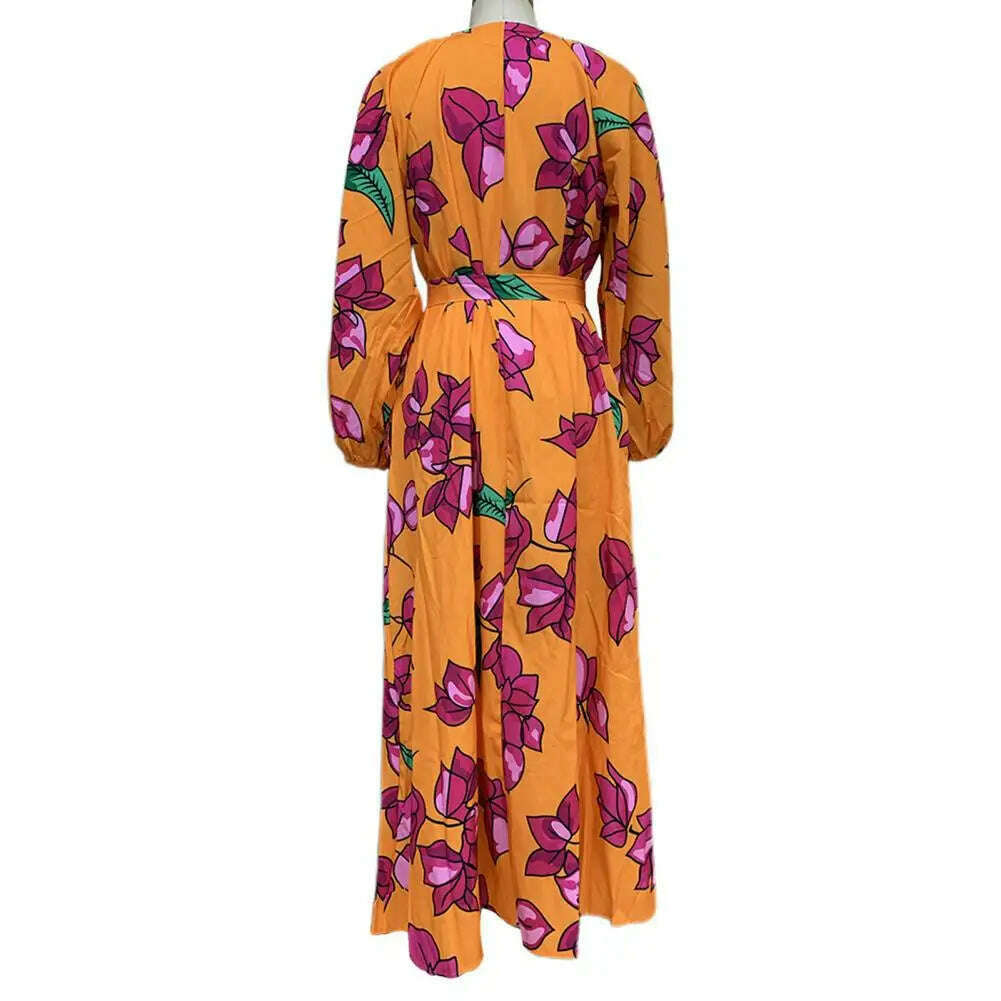 KIMLUD, Women Printed V-neck Dress Pleated Long Dress Boho Beach Dress with Deep V Neck Pleated Loose Fit for Summer Vacation Women's, KIMLUD Womens Clothes