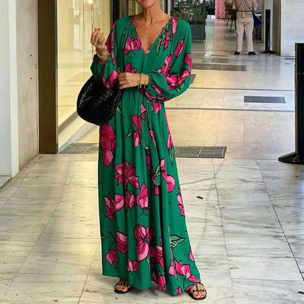 KIMLUD, Women Printed V-neck Dress Pleated Long Dress Boho Beach Dress with Deep V Neck Pleated Loose Fit for Summer Vacation Women's, KIMLUD Womens Clothes