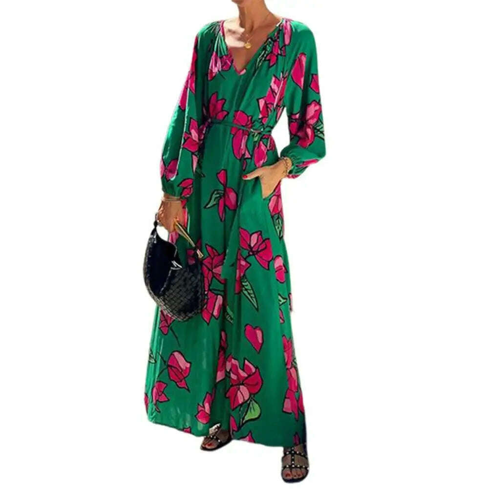 KIMLUD, Women Printed V-neck Dress Pleated Long Dress Boho Beach Dress with Deep V Neck Pleated Loose Fit for Summer Vacation Women's, Green / M / China, KIMLUD APPAREL - Womens Clothes