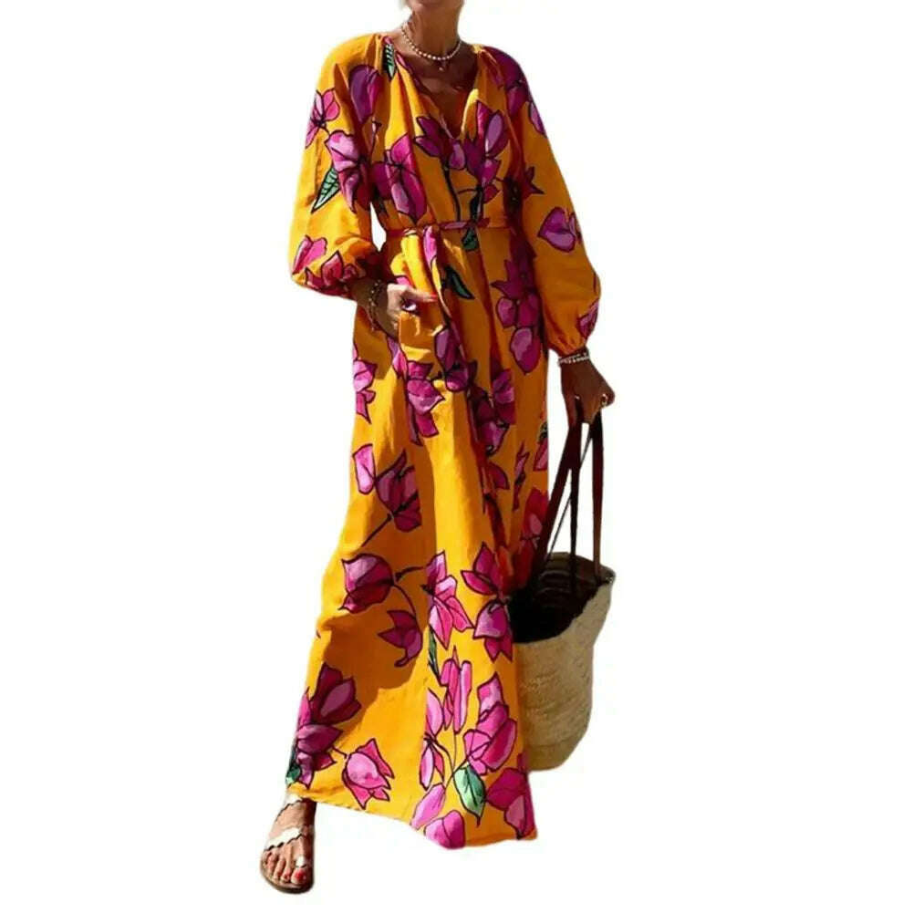KIMLUD, Women Printed V-neck Dress Pleated Long Dress Boho Beach Dress with Deep V Neck Pleated Loose Fit for Summer Vacation Women's, Orange / M / China, KIMLUD APPAREL - Womens Clothes