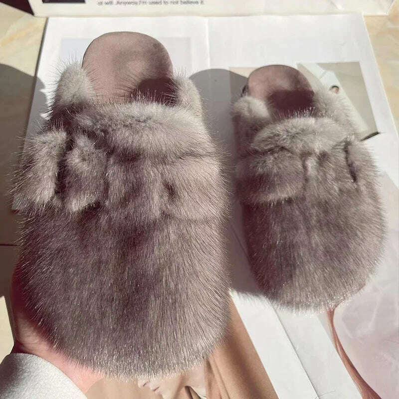 Women Real Mink Fur Shoes Lady Fashion High Qualiy Natural Fur Slippers Toe Shoes Autumn Winter Slides Mink Mules - KIMLUD
