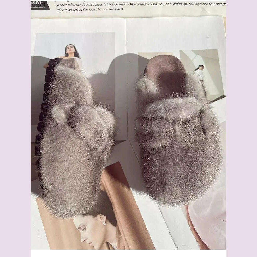 Women Real Mink Fur Shoes Lady Fashion High Qualiy Natural Fur Slippers Toe Shoes Autumn Winter Slides Mink Mules - KIMLUD