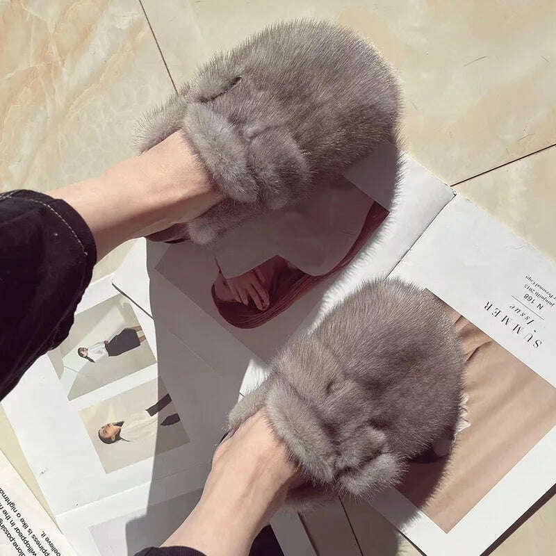 Women Real Mink Fur Shoes Lady Fashion High Qualiy Natural Fur Slippers Toe Shoes Autumn Winter Slides Mink Mules - KIMLUD