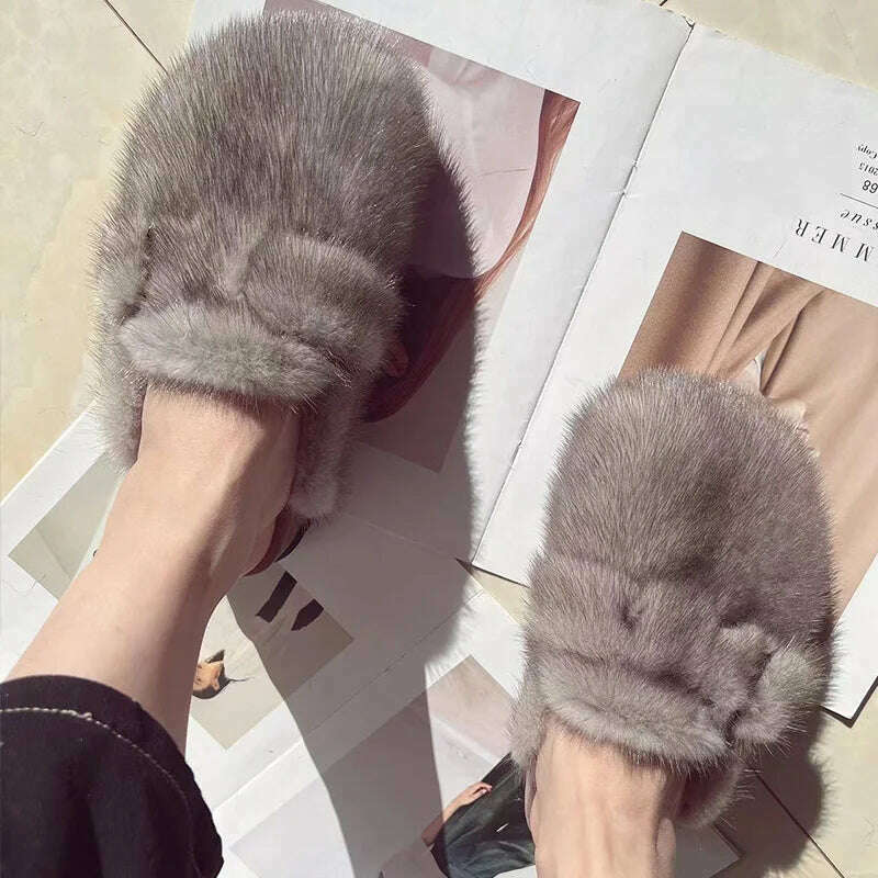 Women Real Mink Fur Shoes Lady Fashion High Qualiy Natural Fur Slippers Toe Shoes Autumn Winter Slides Mink Mules - KIMLUD
