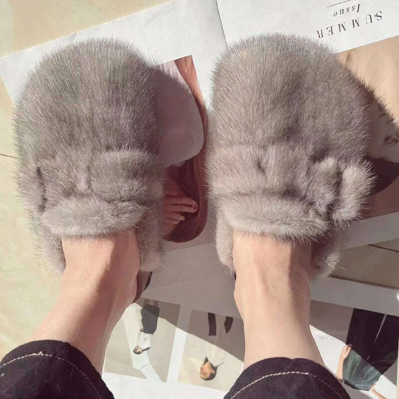 Women Real Mink Fur Shoes Lady Fashion High Qualiy Natural Fur Slippers Toe Shoes Autumn Winter Slides Mink Mules - KIMLUD
