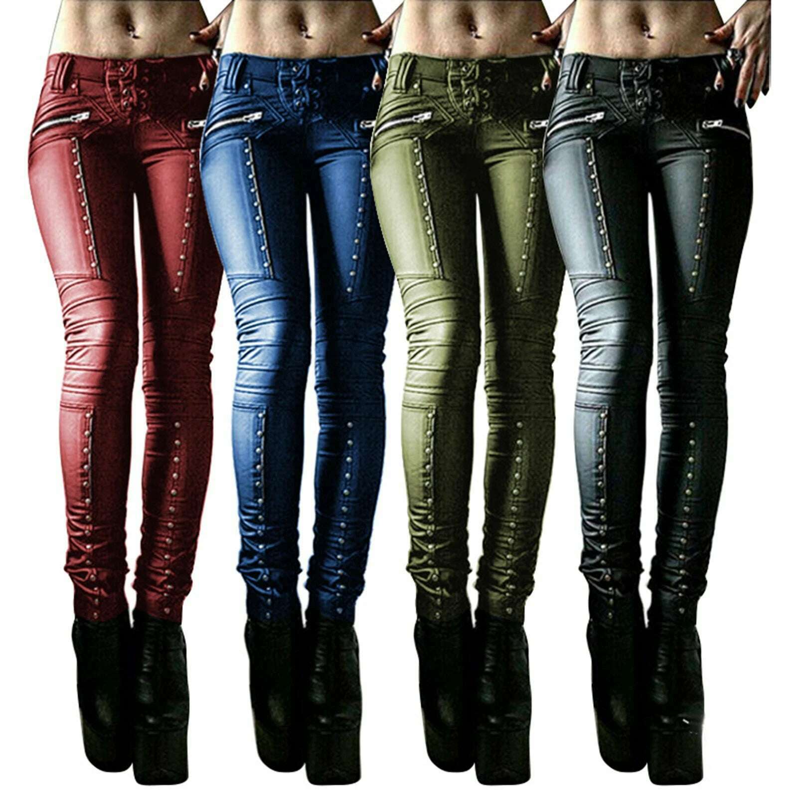 Women Retro PU Pants Leather steampunk Rivet Zipper Lace up Pencil pants Medieval Gothic Skinny Streetwear Autumn Casual Trouse - KIMLUD