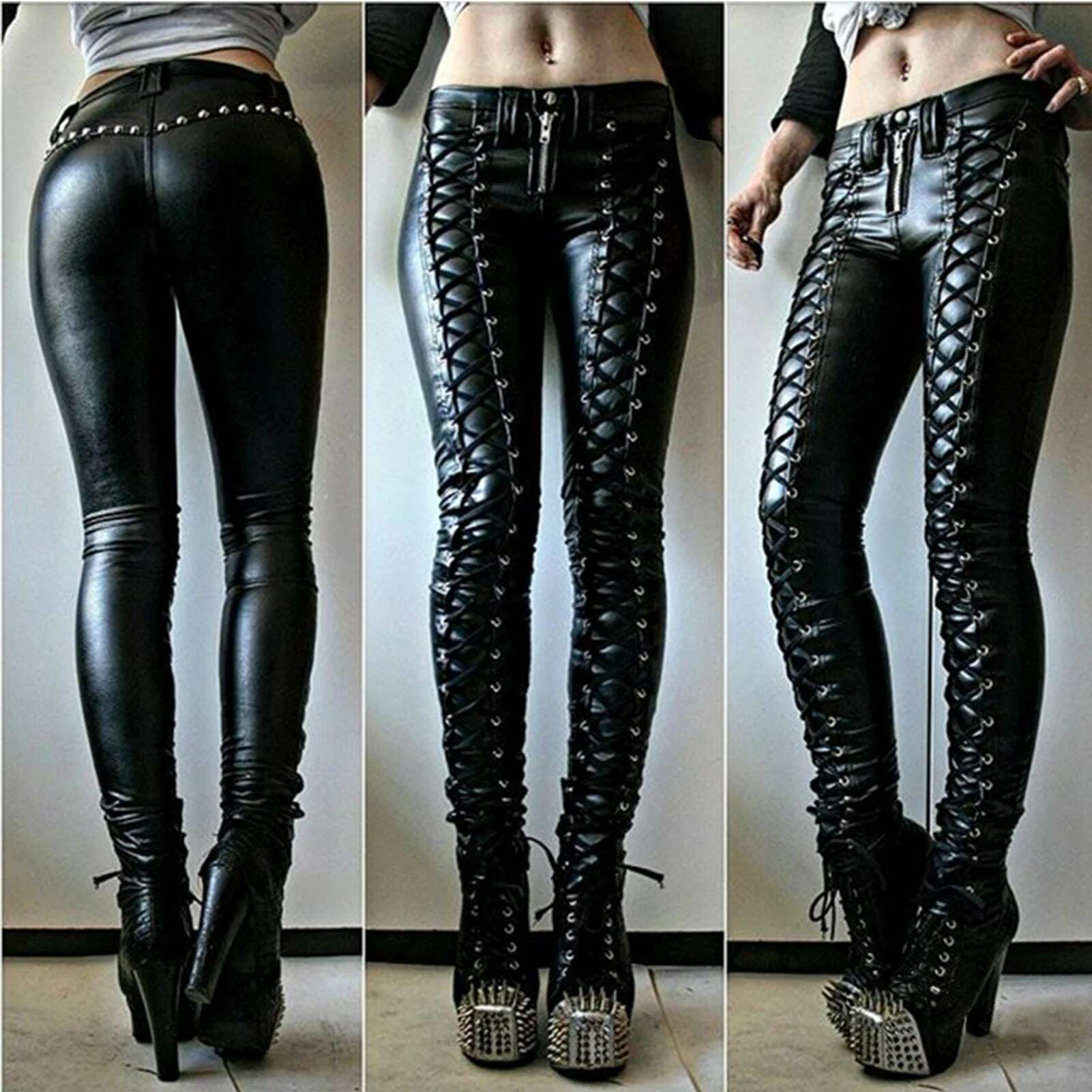 Women Retro PU Pants Leather steampunk Rivet Zipper Lace up Pencil pants Medieval Gothic Skinny Streetwear Autumn Casual Trouse - KIMLUD