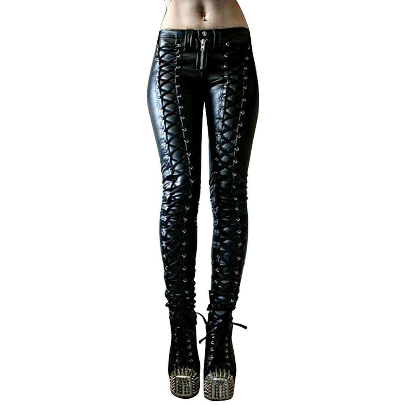 Women Retro PU Pants Leather steampunk Rivet Zipper Lace up Pencil pants Medieval Gothic Skinny Streetwear Autumn Casual Trouse - KIMLUD