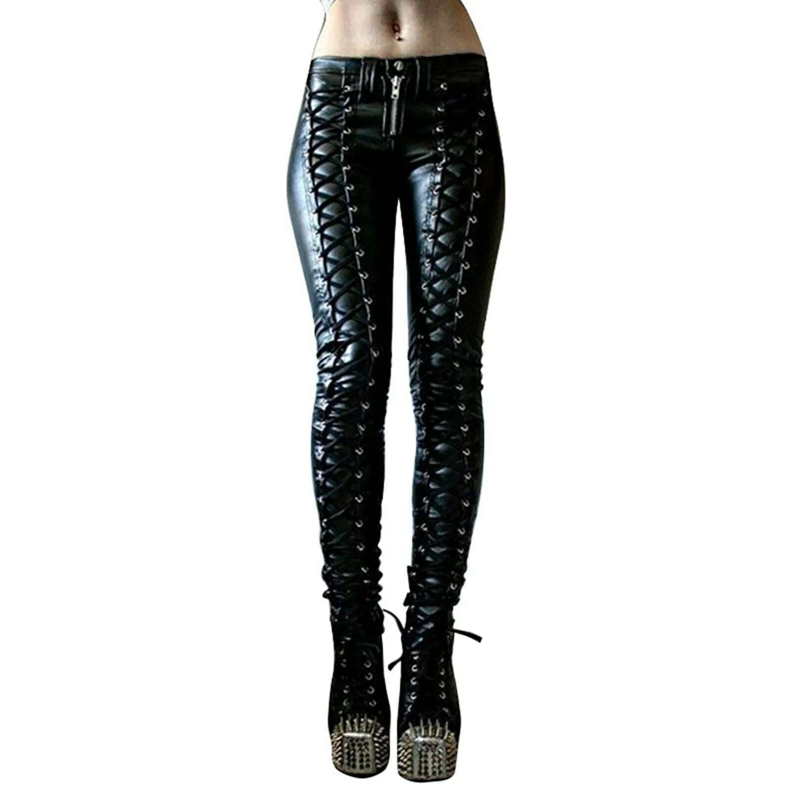 Women Retro PU Pants Leather steampunk Rivet Zipper Lace up Pencil pants Medieval Gothic Skinny Streetwear Autumn Casual Trouse - KIMLUD
