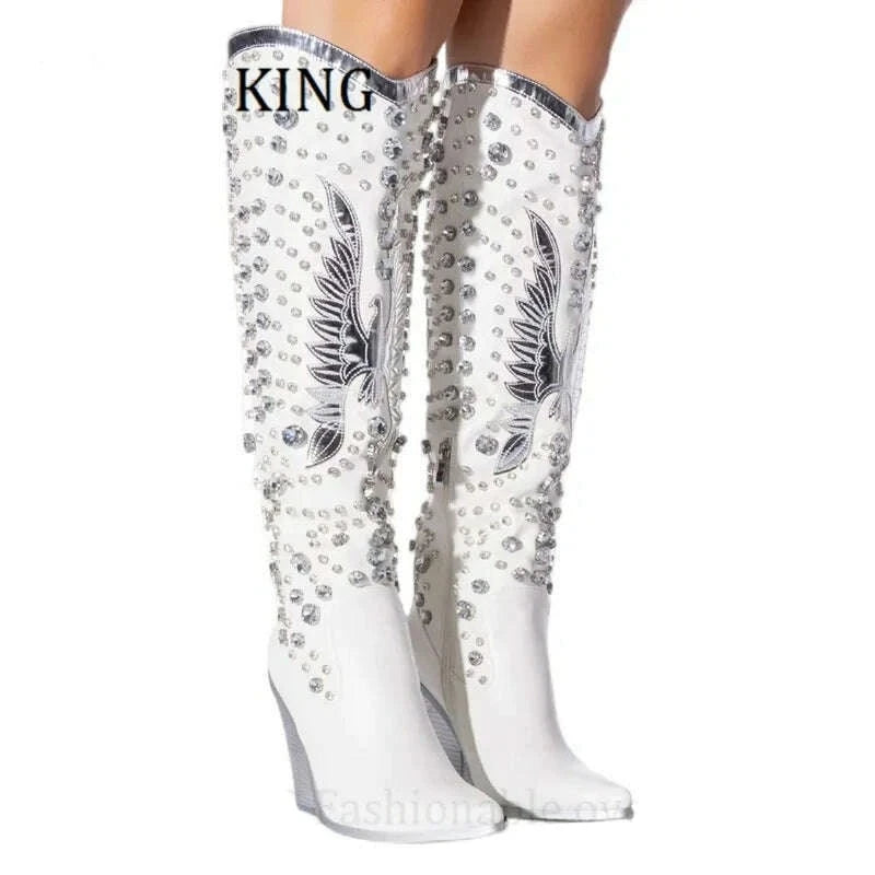 KIMLUD, Women Rhinestone Embellished Western Boots Sexy Pointed Toe Wedge Heels Botines De Mujer Autumn Winter Cowboy Knee High Boots, KIMLUD Womens ClothesKIMLUD, Women Rhinestone Embellished Western Boots Sexy Pointed Toe Wedge Heels Botines De Mujer Autumn Winter Cowboy Knee High Boots, white / 35, KIMLUD APPAREL - Womens Clothes
