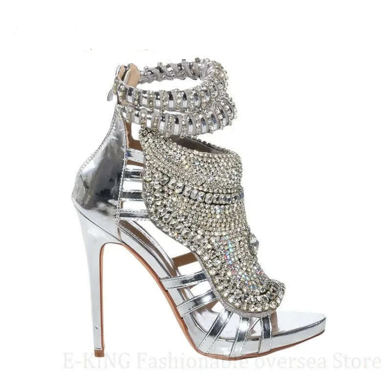 KIMLUD, Women Rhinestone High Heels Sandals Sexy Peep Toe Metallic Leather Stiletto Sandals Ladies Bling Crystal Wedding Party Shoes, silver / 36, KIMLUD APPAREL - Womens Clothes