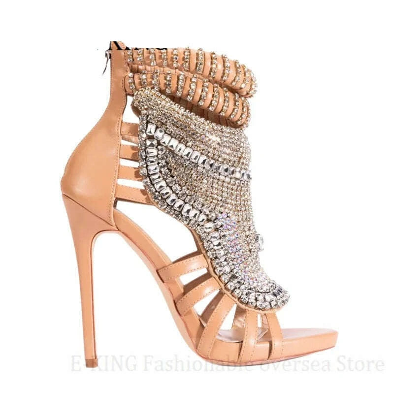 KIMLUD, Women Rhinestone High Heels Sandals Sexy Peep Toe Metallic Leather Stiletto Sandals Ladies Bling Crystal Wedding Party Shoes, beige / 36, KIMLUD APPAREL - Womens Clothes