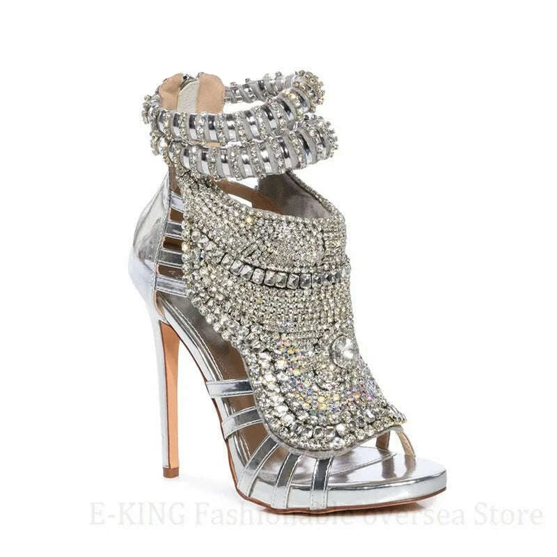 KIMLUD, Women Rhinestone High Heels Sandals Sexy Peep Toe Metallic Leather Stiletto Sandals Ladies Bling Crystal Wedding Party Shoes, KIMLUD Womens Clothes