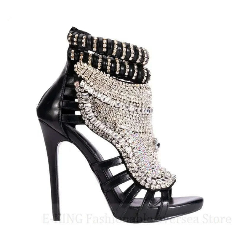 KIMLUD, Women Rhinestone High Heels Sandals Sexy Peep Toe Metallic Leather Stiletto Sandals Ladies Bling Crystal Wedding Party Shoes, black / 36, KIMLUD APPAREL - Womens Clothes