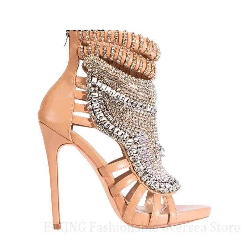 KIMLUD, Women Rhinestone High Heels Sandals Sexy Peep Toe Metallic Leather Stiletto Sandals Ladies Bling Crystal Wedding Party Shoes, beige / 36, KIMLUD APPAREL - Womens Clothes