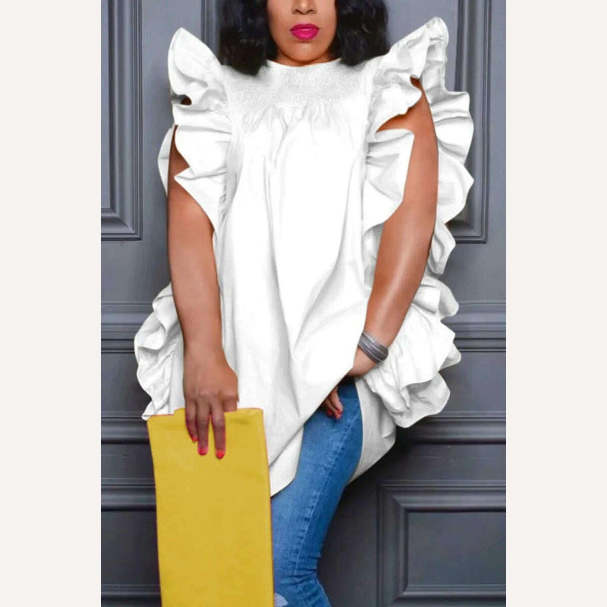 KIMLUD, Women Ruffle Top Sleeveless Round Neck Fashion Elegant Solid Vintage Fly Sleeve Summer T-shirt for Female Cute Shirt Tops, White / L, KIMLUD APPAREL - Womens Clothes