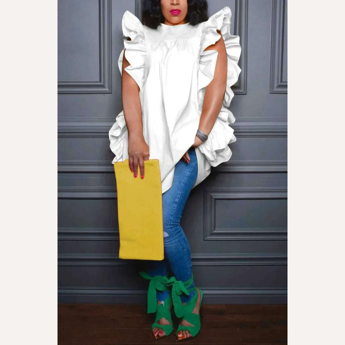 KIMLUD, Women Ruffle Top Sleeveless Round Neck Fashion Elegant Solid Vintage Fly Sleeve Summer T-shirt for Female Cute Shirt Tops, KIMLUD Womens Clothes