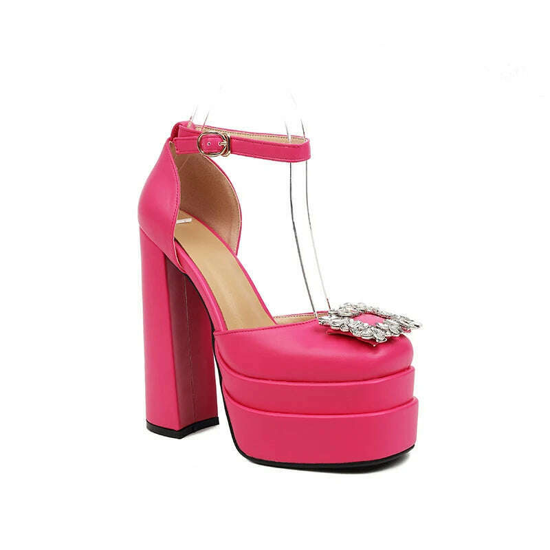 KIMLUD, Women Sandals 2022 New Female Square Toe Rhinestone Thick Bottom Shoes Buckle Fashion Platform Block High Heels Ladies Footwear, rose red / 5, KIMLUD APPAREL - Womens Clothes