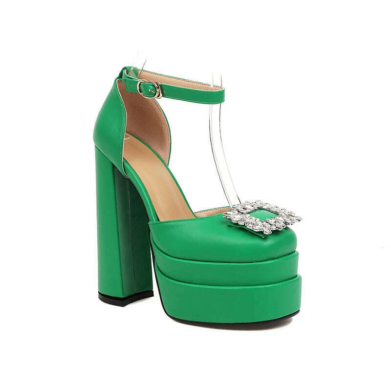KIMLUD, Women Sandals 2022 New Female Square Toe Rhinestone Thick Bottom Shoes Buckle Fashion Platform Block High Heels Ladies Footwear, green / 5, KIMLUD APPAREL - Womens Clothes