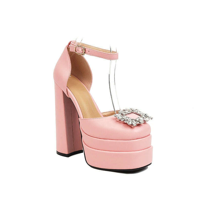 KIMLUD, Women Sandals 2022 New Female Square Toe Rhinestone Thick Bottom Shoes Buckle Fashion Platform Block High Heels Ladies Footwear, pink / 5, KIMLUD APPAREL - Womens Clothes