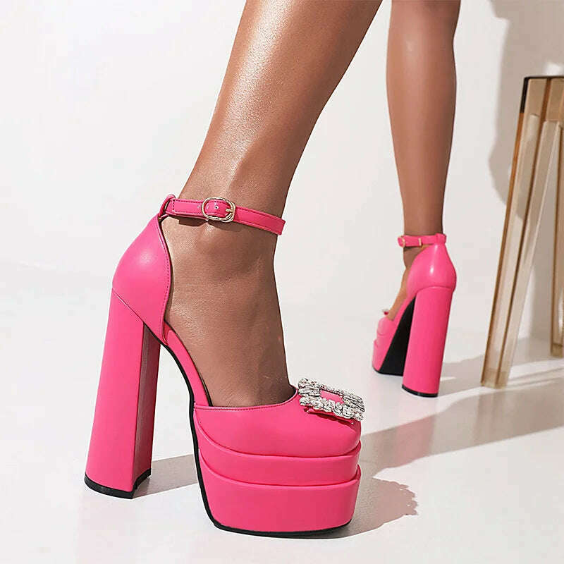 KIMLUD, Women Sandals 2022 New Female Square Toe Rhinestone Thick Bottom Shoes Buckle Fashion Platform Block High Heels Ladies Footwear, KIMLUD Womens Clothes