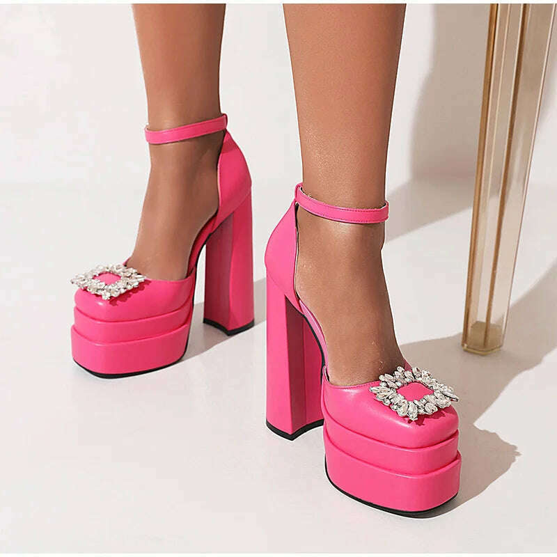 KIMLUD, Women Sandals 2022 New Female Square Toe Rhinestone Thick Bottom Shoes Buckle Fashion Platform Block High Heels Ladies Footwear, KIMLUD Womens Clothes