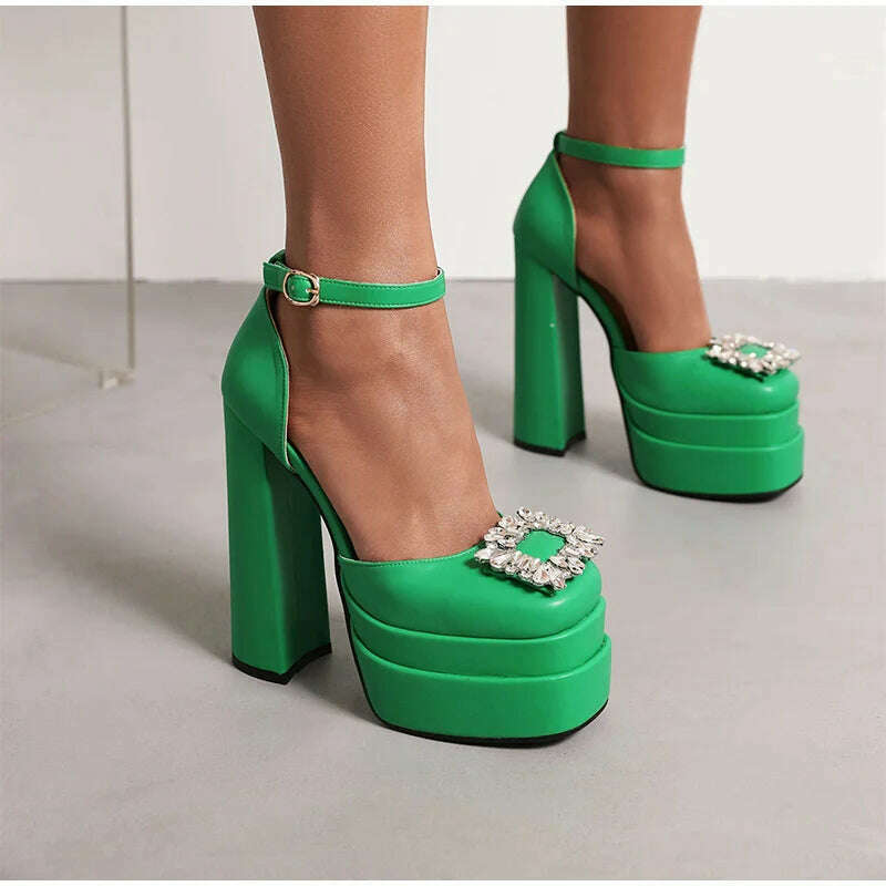 KIMLUD, Women Sandals 2022 New Female Square Toe Rhinestone Thick Bottom Shoes Buckle Fashion Platform Block High Heels Ladies Footwear, KIMLUD Womens Clothes