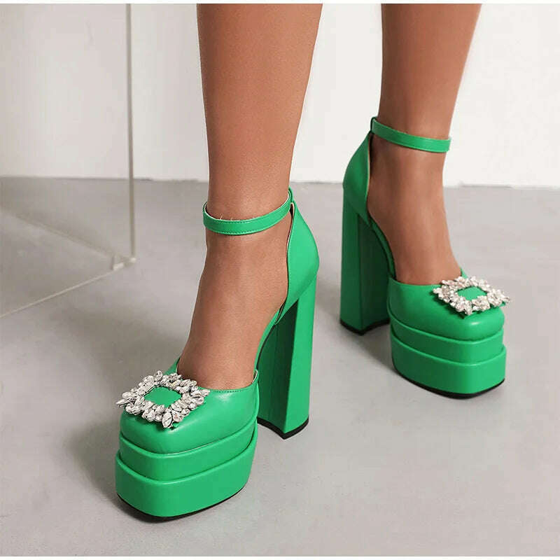 KIMLUD, Women Sandals 2022 New Female Square Toe Rhinestone Thick Bottom Shoes Buckle Fashion Platform Block High Heels Ladies Footwear, KIMLUD Womens Clothes