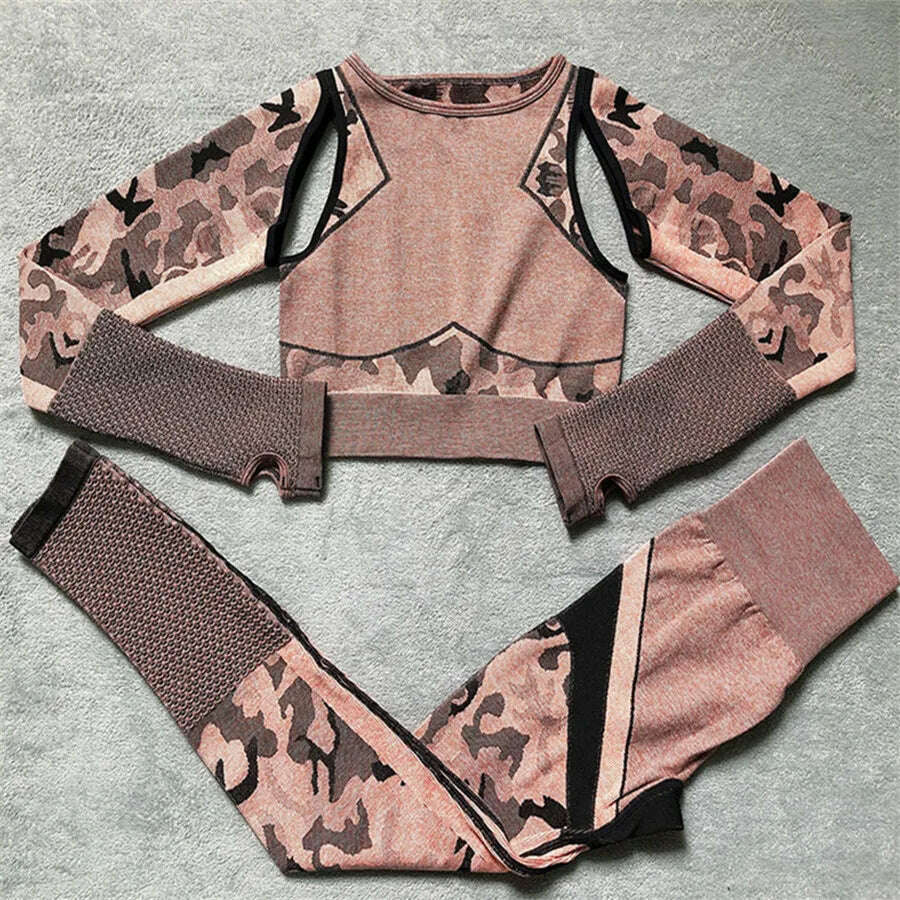KIMLUD, Women Seamless Yoga Sets Camouflage Sports Sets Long Sleeve Crop Top Shirts High Waist Yoga Pants Fitness Gym Clothing Yoga Suit, coffee set / S, KIMLUD Womens Clothes