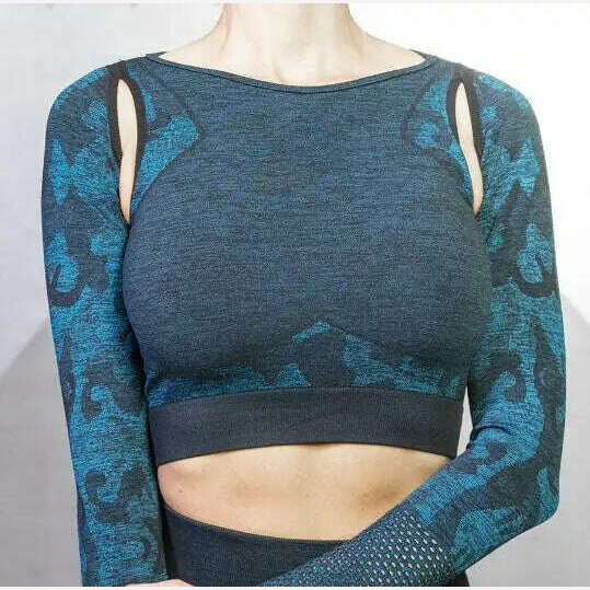 KIMLUD, Women Seamless Yoga Sets Camouflage Sports Sets Long Sleeve Crop Top Shirts High Waist Yoga Pants Fitness Gym Clothing Yoga Suit, blue top / S, KIMLUD Womens Clothes