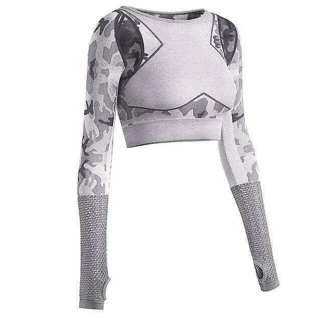 KIMLUD, Women Seamless Yoga Sets Camouflage Sports Sets Long Sleeve Crop Top Shirts High Waist Yoga Pants Fitness Gym Clothing Yoga Suit, white top / S, KIMLUD Womens Clothes
