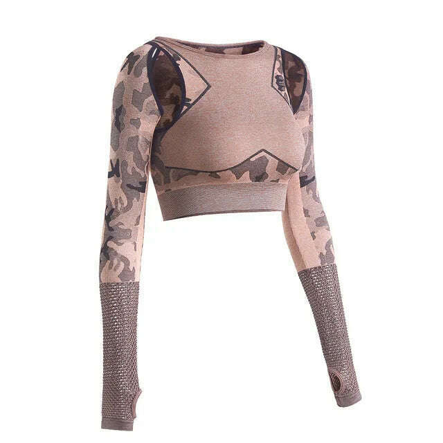 KIMLUD, Women Seamless Yoga Sets Camouflage Sports Sets Long Sleeve Crop Top Shirts High Waist Yoga Pants Fitness Gym Clothing Yoga Suit, coffee top / S, KIMLUD Womens Clothes