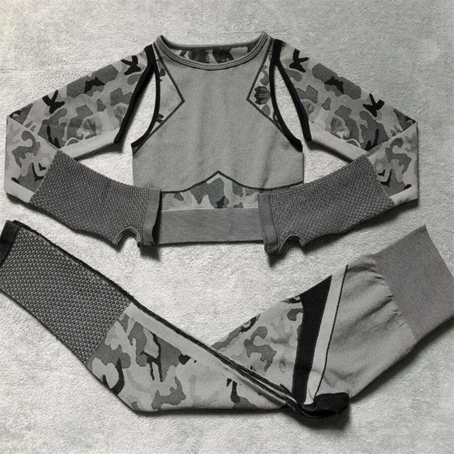 KIMLUD, Women Seamless Yoga Sets Camouflage Sports Sets Long Sleeve Crop Top Shirts High Waist Yoga Pants Fitness Gym Clothing Yoga Suit, grey set / S, KIMLUD Womens Clothes