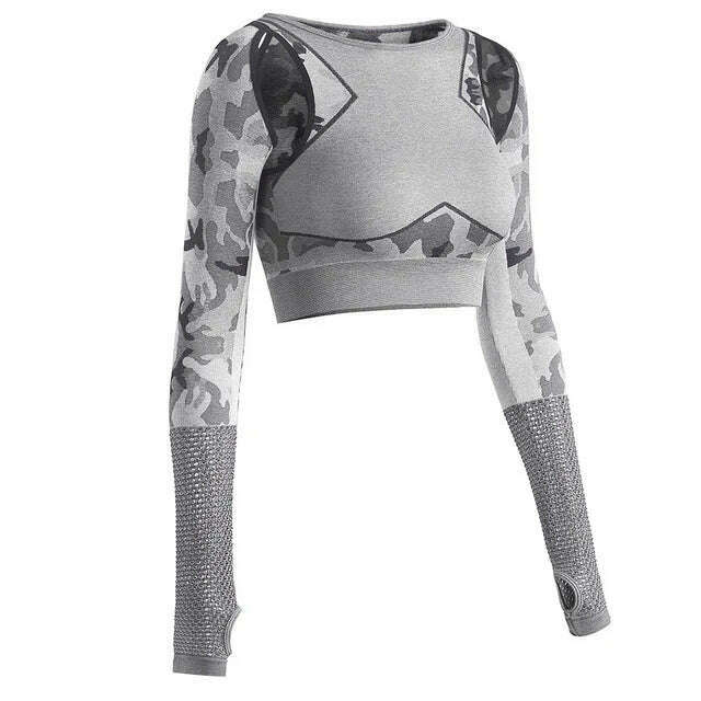 KIMLUD, Women Seamless Yoga Sets Camouflage Sports Sets Long Sleeve Crop Top Shirts High Waist Yoga Pants Fitness Gym Clothing Yoga Suit, grey top / S, KIMLUD Womens Clothes