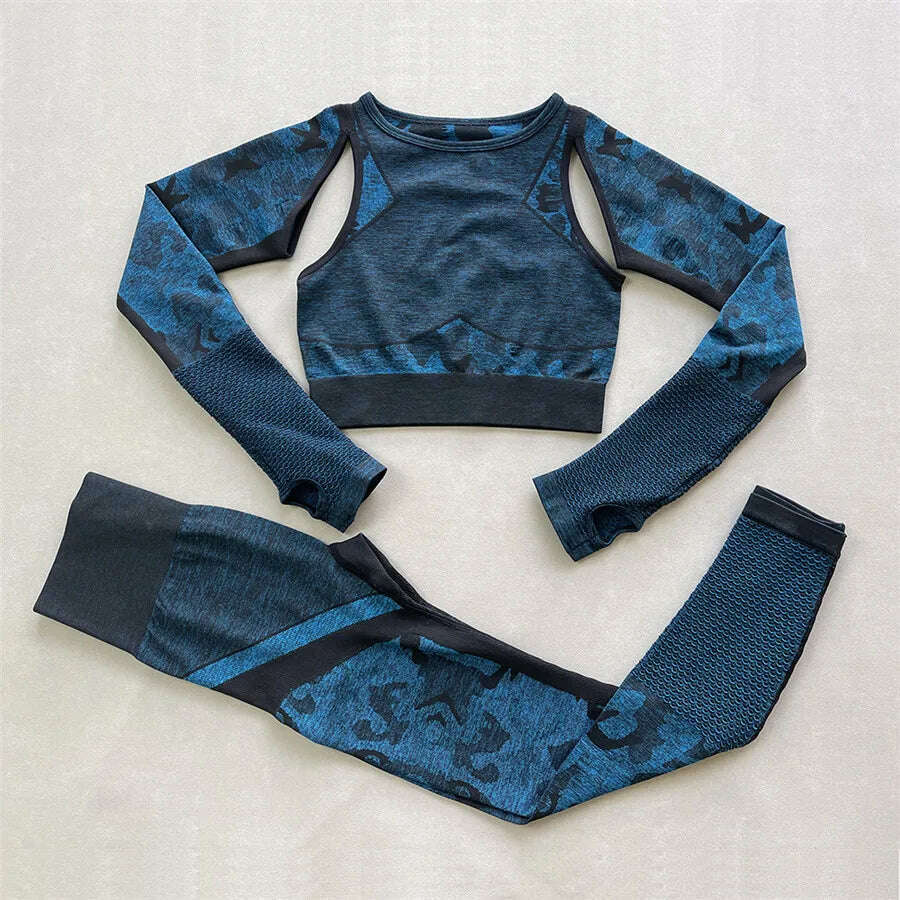 KIMLUD, Women Seamless Yoga Sets Camouflage Sports Sets Long Sleeve Crop Top Shirts High Waist Yoga Pants Fitness Gym Clothing Yoga Suit, blue set / S, KIMLUD Womens Clothes